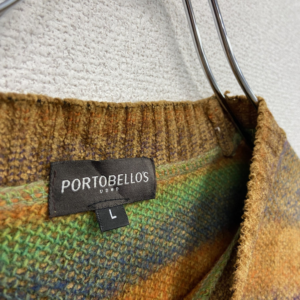 PORTOBELLOS　アクリルニットセーター　メリノウール　マルチカラー　総柄　ボーダー　Lサイズ　古着