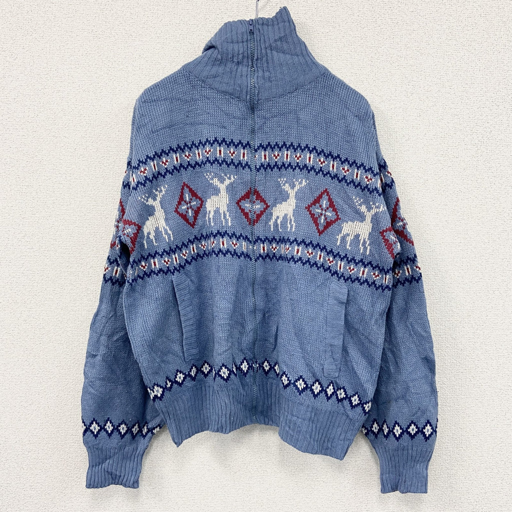～90s　Scandia Woods　フルジップアクリルニットセーター　ノルディック柄　総柄　ヴィンテージ　ブルー　Lサイズ　古着