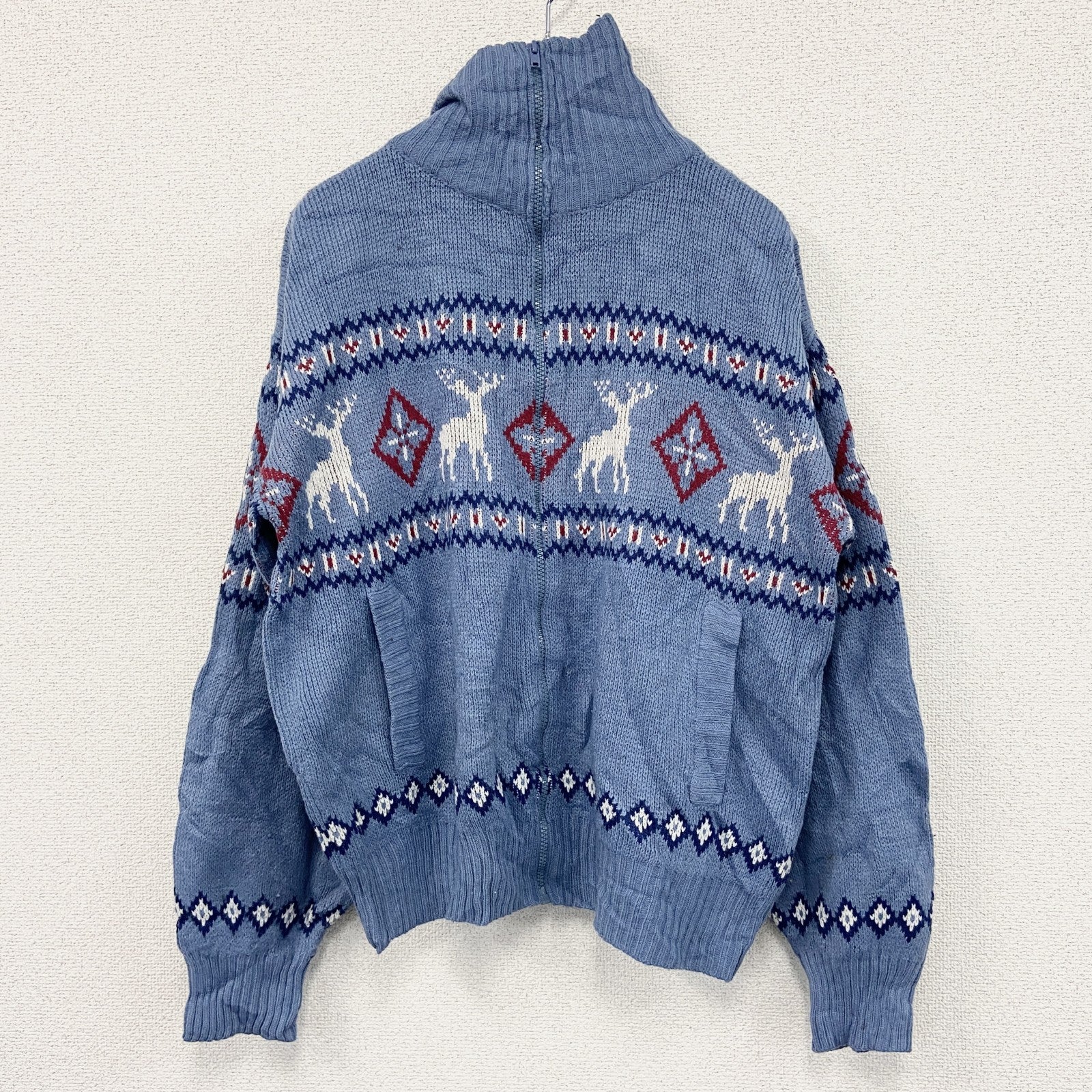 ～90s　Scandia Woods　フルジップアクリルニットセーター　ノルディック柄　総柄　ヴィンテージ　ブルー　Lサイズ　古着