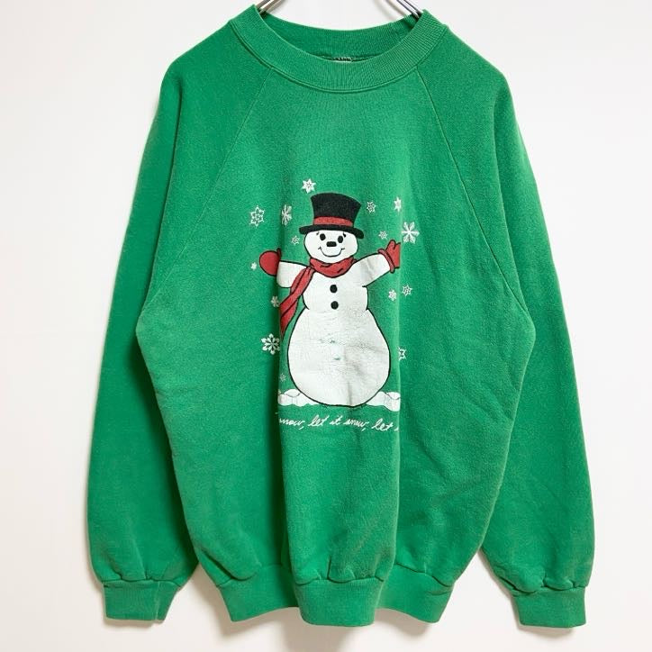 80s～　プリントスウェット　トレーナー　雪だるま　緑　グリーン　ヴィンテージ　秋冬服　ビッグシルエット　XLサイズ　古着