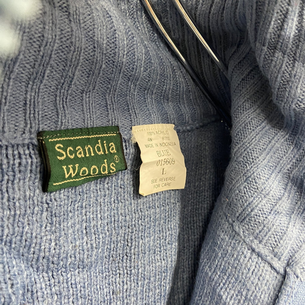 ～90s　Scandia Woods　フルジップアクリルニットセーター　ノルディック柄　総柄　ヴィンテージ　ブルー　Lサイズ　古着