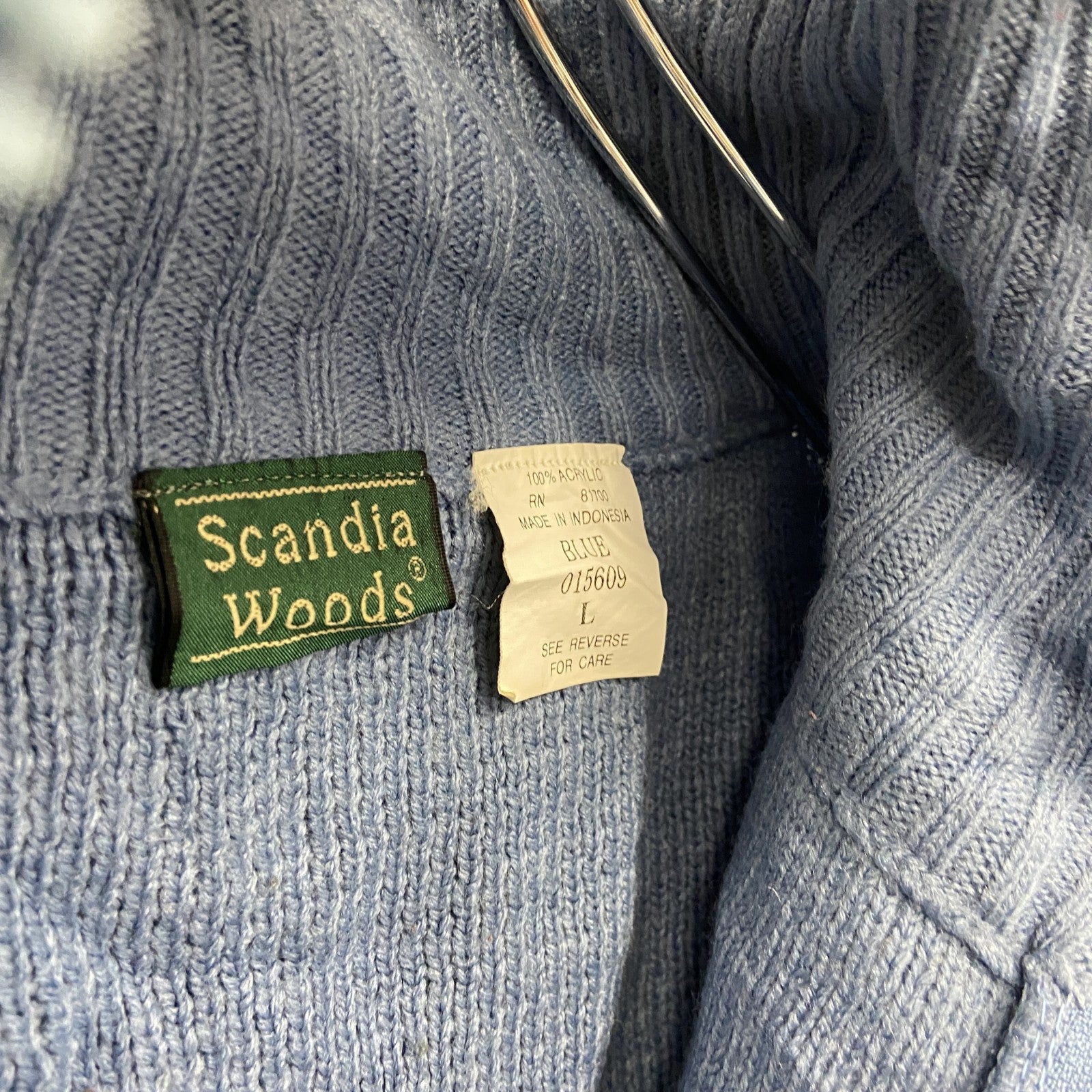 ～90s　Scandia Woods　フルジップアクリルニットセーター　ノルディック柄　総柄　ヴィンテージ　ブルー　Lサイズ　古着