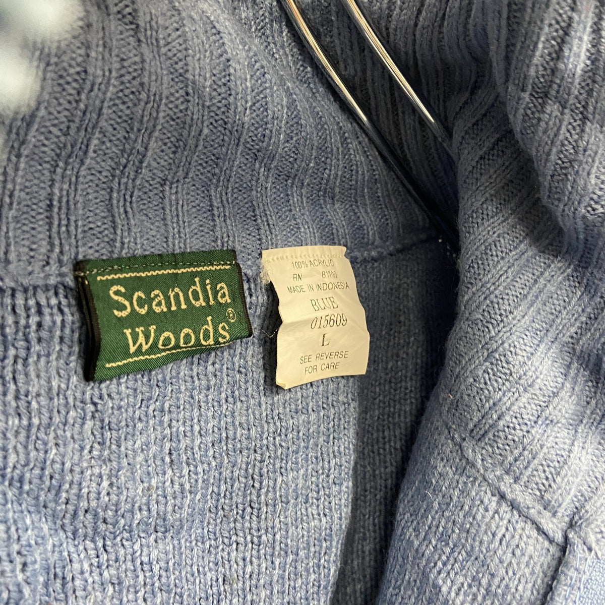 ～90s　Scandia Woods　フルジップアクリルニットセーター　ノルディック柄　総柄　ヴィンテージ　ブルー　Lサイズ メンズ 古着