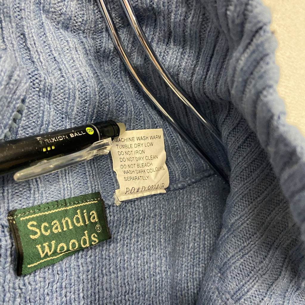 ～90s　Scandia Woods　フルジップアクリルニットセーター　ノルディック柄　総柄　ヴィンテージ　ブルー　Lサイズ　古着