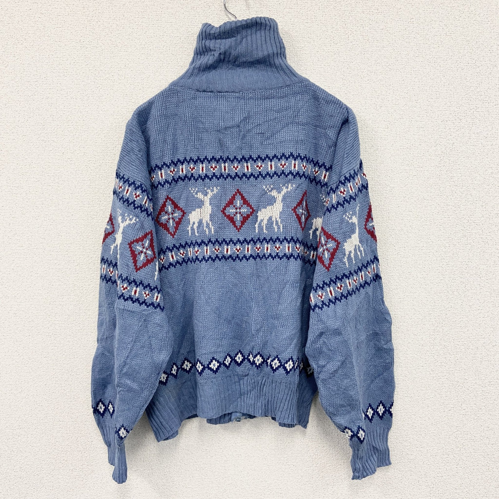 ～90s　Scandia Woods　フルジップアクリルニットセーター　ノルディック柄　総柄　ヴィンテージ　ブルー　Lサイズ　古着