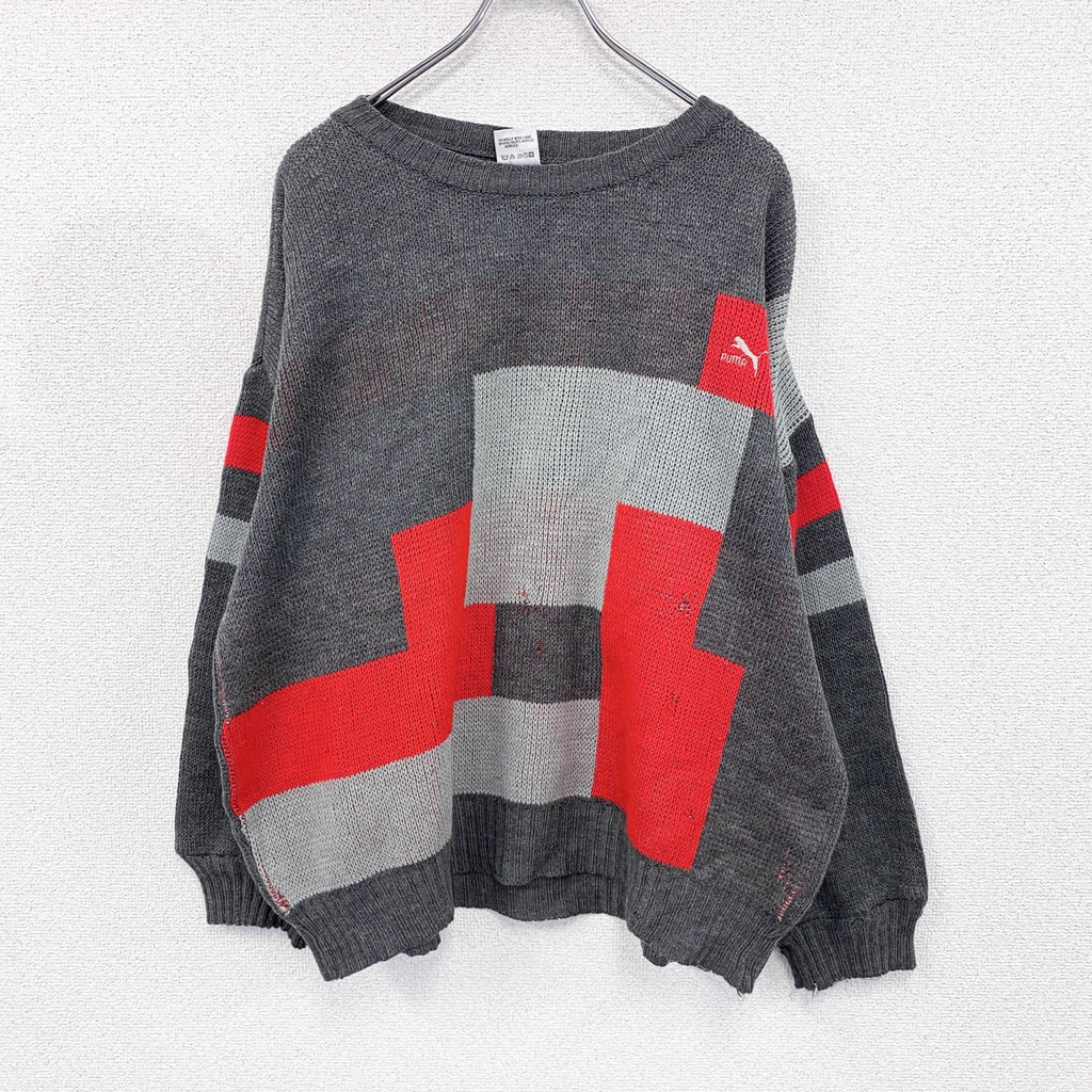 80s　PUMA　プーマ　ウールニットセーター　ヴィンテージ　グレー　灰色　赤　レッド　8サイズ　古着