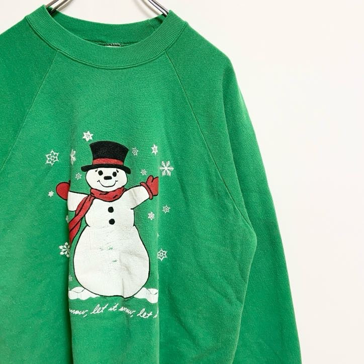 80s～　プリントスウェット　トレーナー　雪だるま　緑　グリーン　ヴィンテージ　秋冬服　ビッグシルエット　XLサイズ　古着