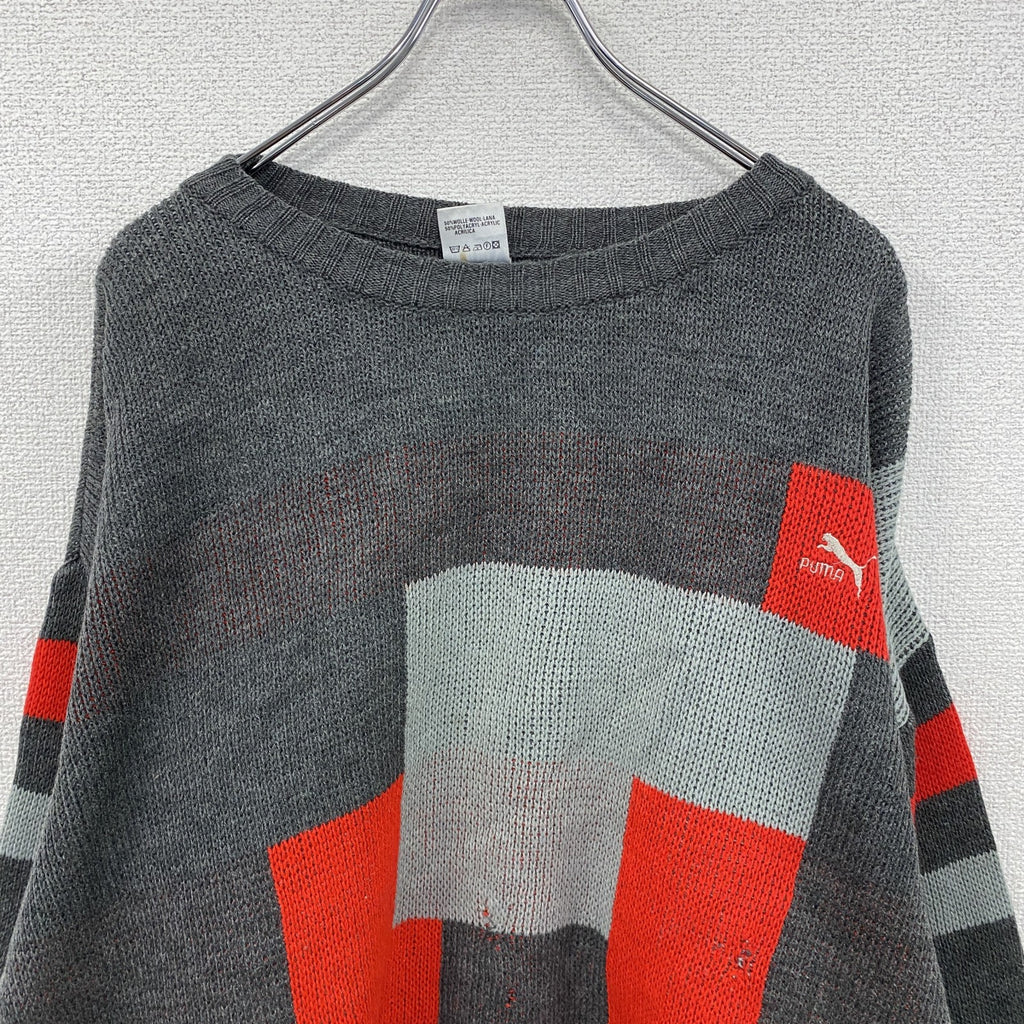 80s　PUMA　プーマ　ウールニットセーター　ヴィンテージ　グレー　灰色　赤　レッド　8サイズ　古着