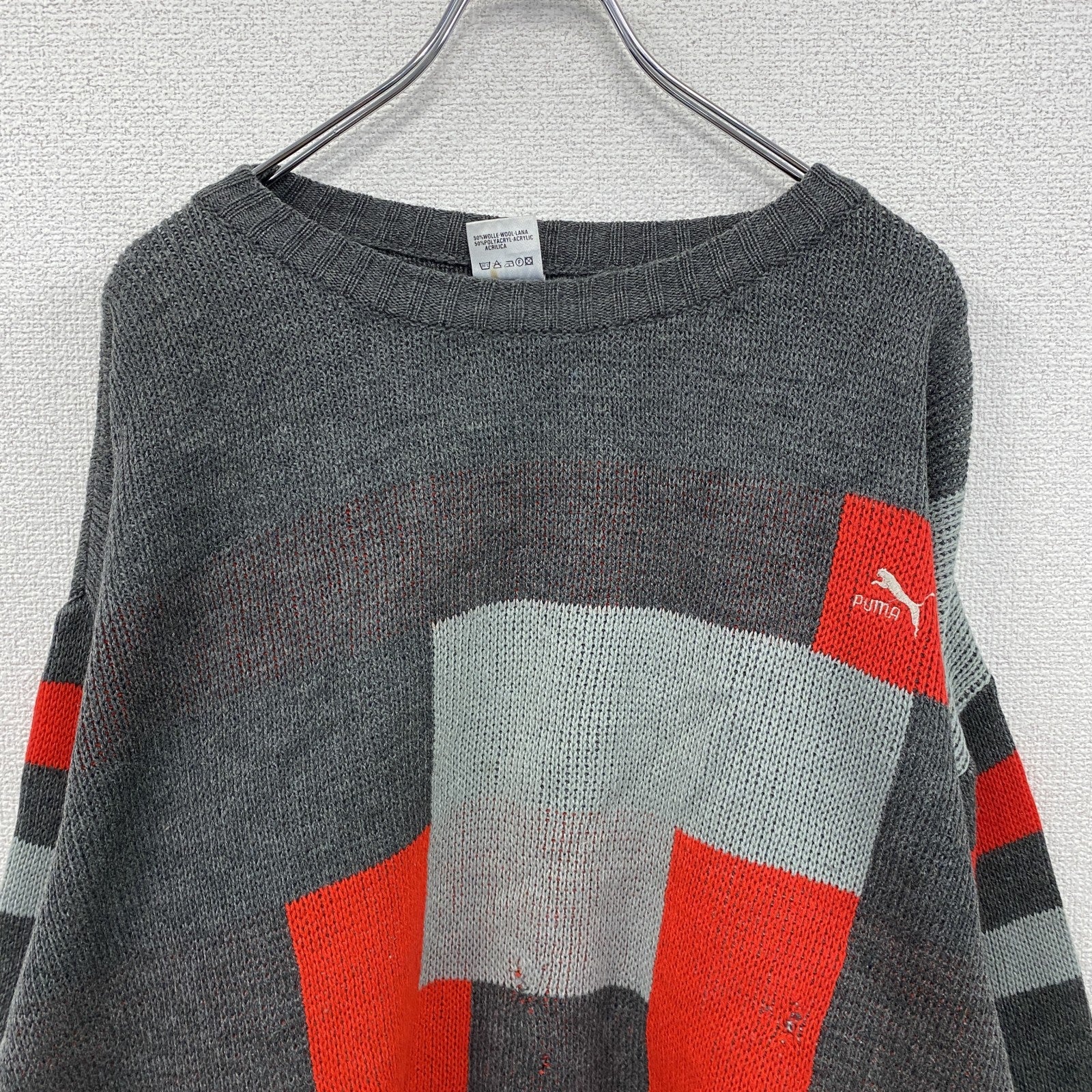80s　PUMA　プーマ　ウールニットセーター　ヴィンテージ　グレー　灰色　赤　レッド　8サイズ　古着