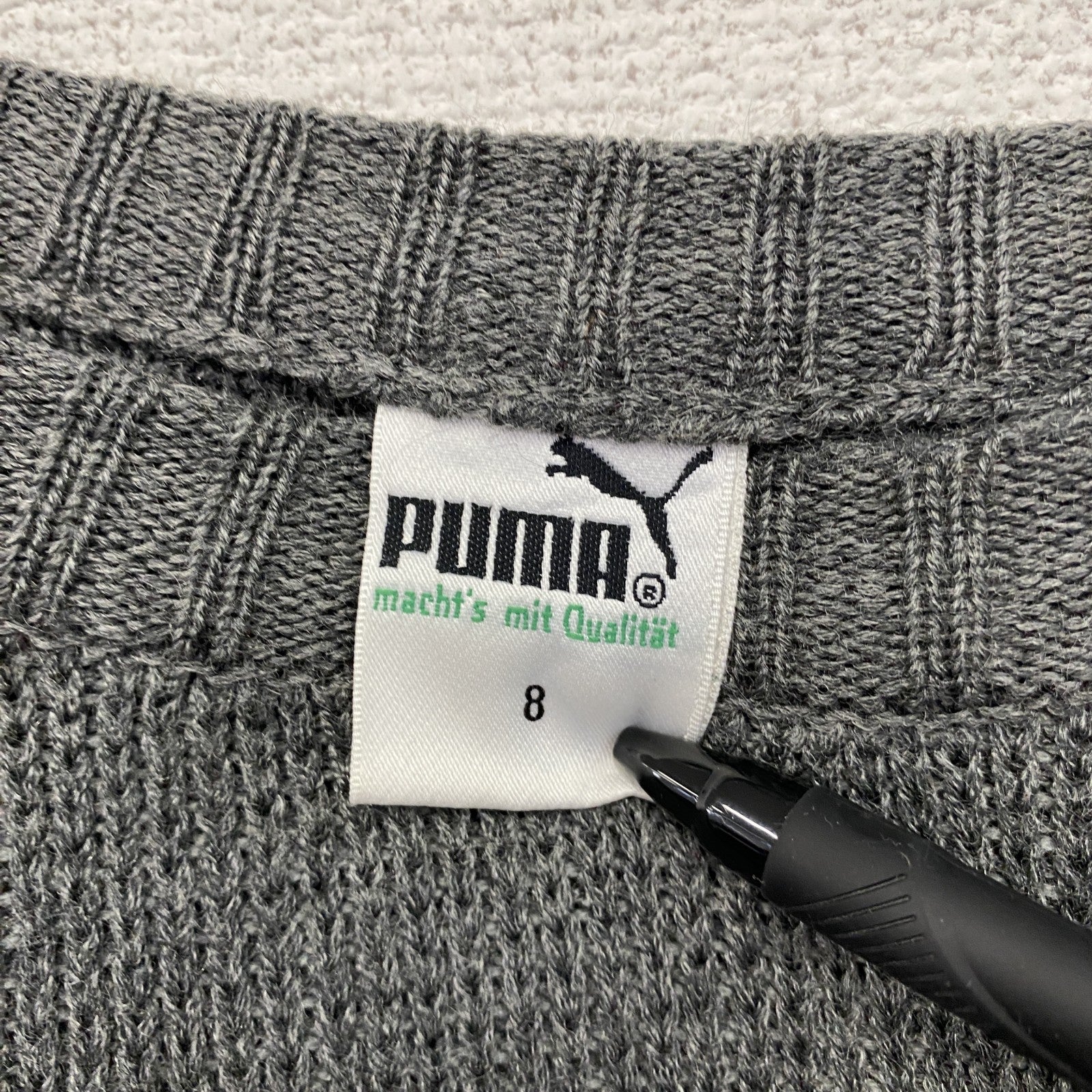 80s　PUMA　プーマ　ウールニットセーター　ヴィンテージ　グレー　灰色　赤　レッド　8サイズ　古着