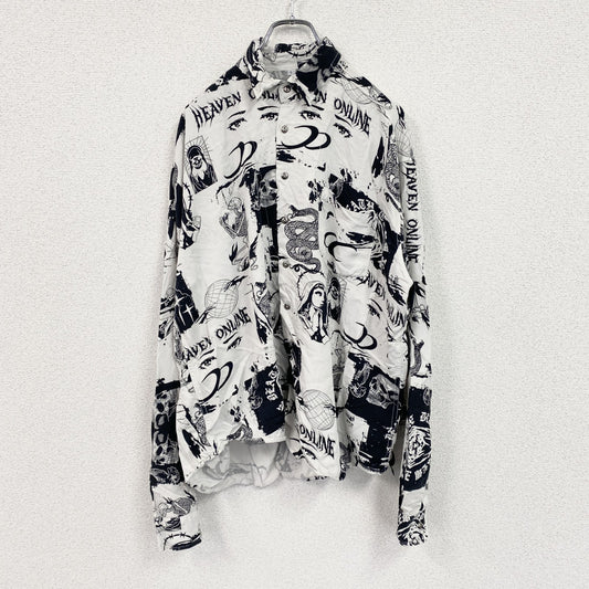 長袖総柄デザインシャツ　白　ホワイト　Lサイズ