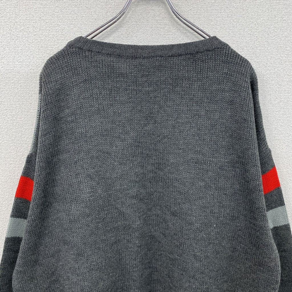 80s　PUMA　プーマ　ウールニットセーター　ヴィンテージ　グレー　灰色　赤　レッド　8サイズ　古着