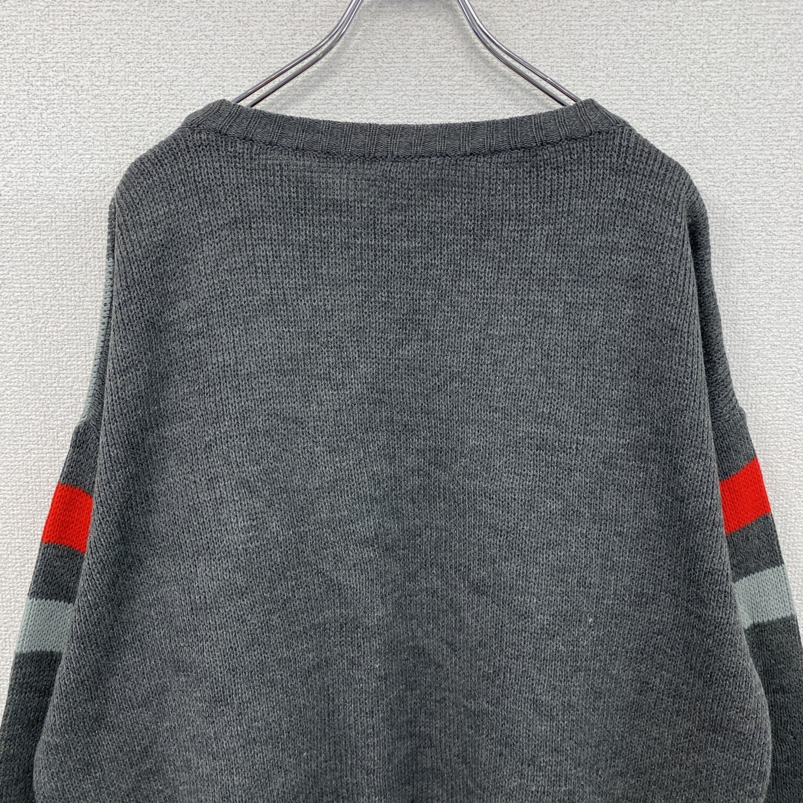 80s　PUMA　プーマ　ウールニットセーター　ヴィンテージ　グレー　灰色　赤　レッド　8サイズ　古着