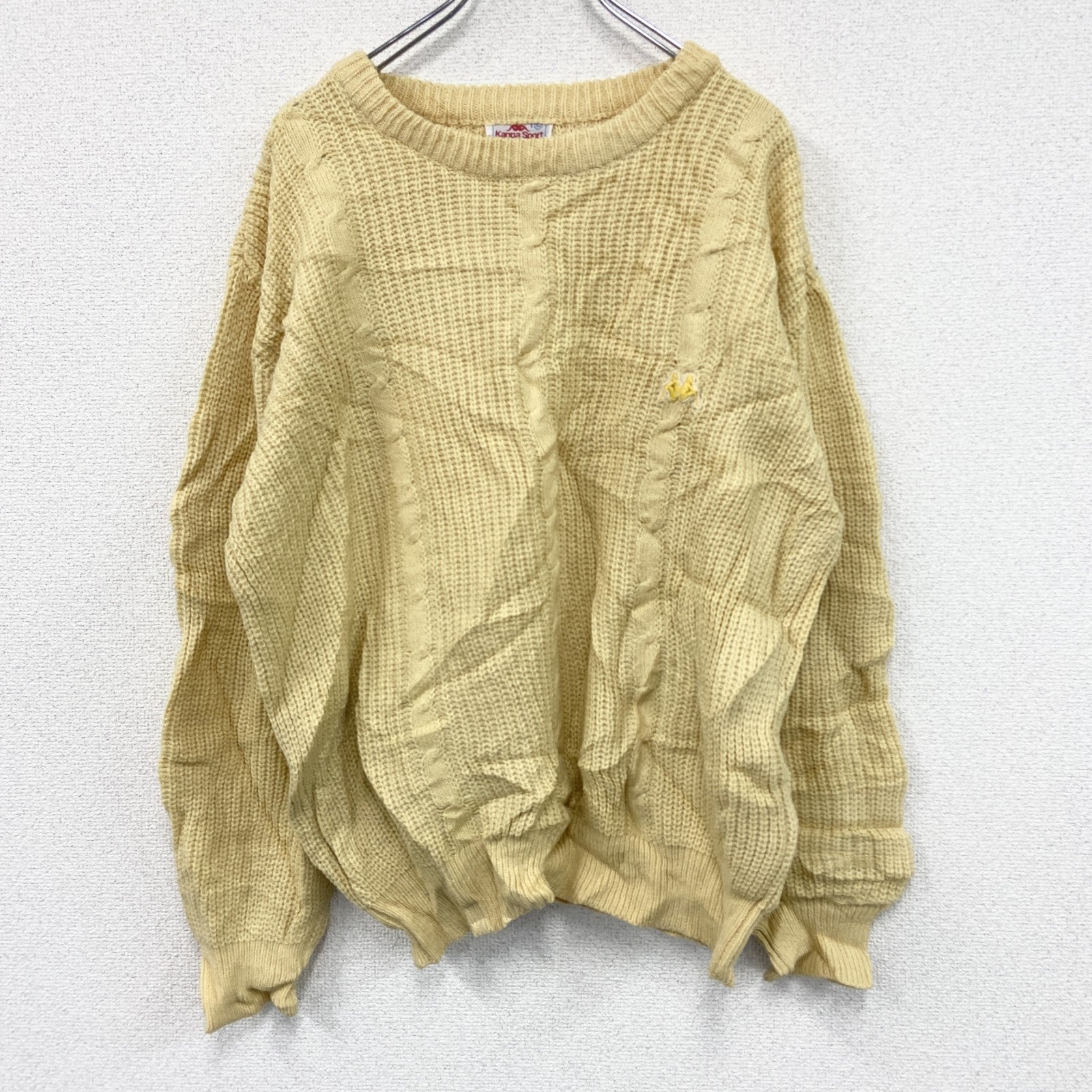 80s　kappa Sport　カッパ　ニットセーター　ユーロ　刺繍ロゴ　ヴィンテージ　黄色　イエロー　Lサイズ　古着