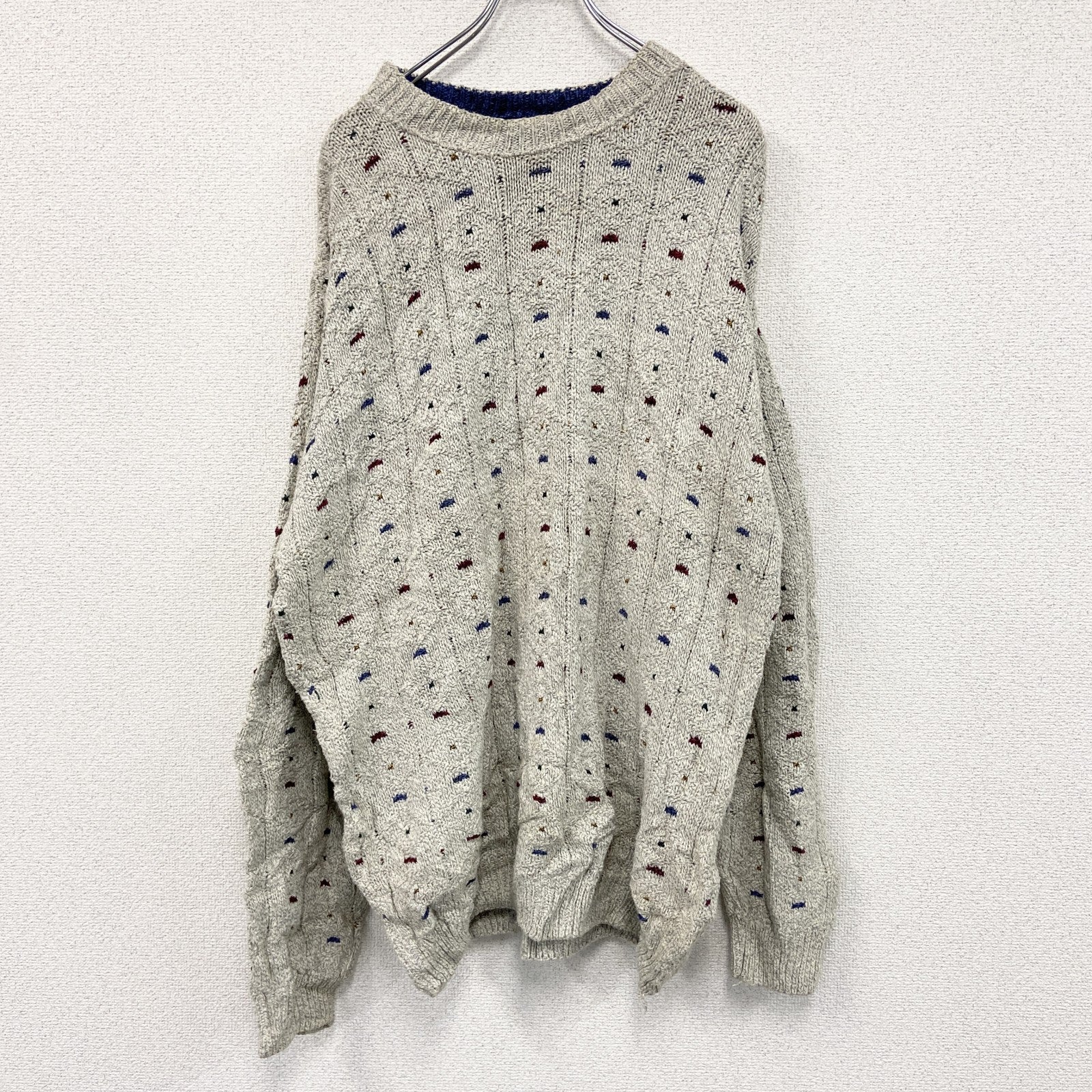 ～90s　VAN HEUSEN　コットンニットセーター　ヴィンテージ　総柄　グレー　灰色　XLサイズ　古着