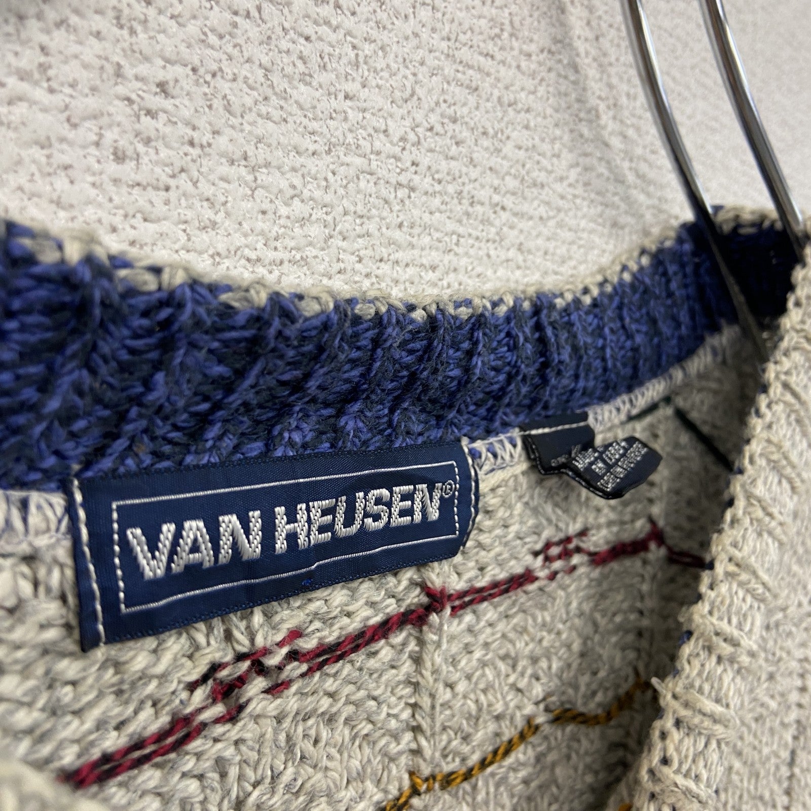 ～90s　VAN HEUSEN　コットンニットセーター　ヴィンテージ　総柄　グレー　灰色　XLサイズ　古着