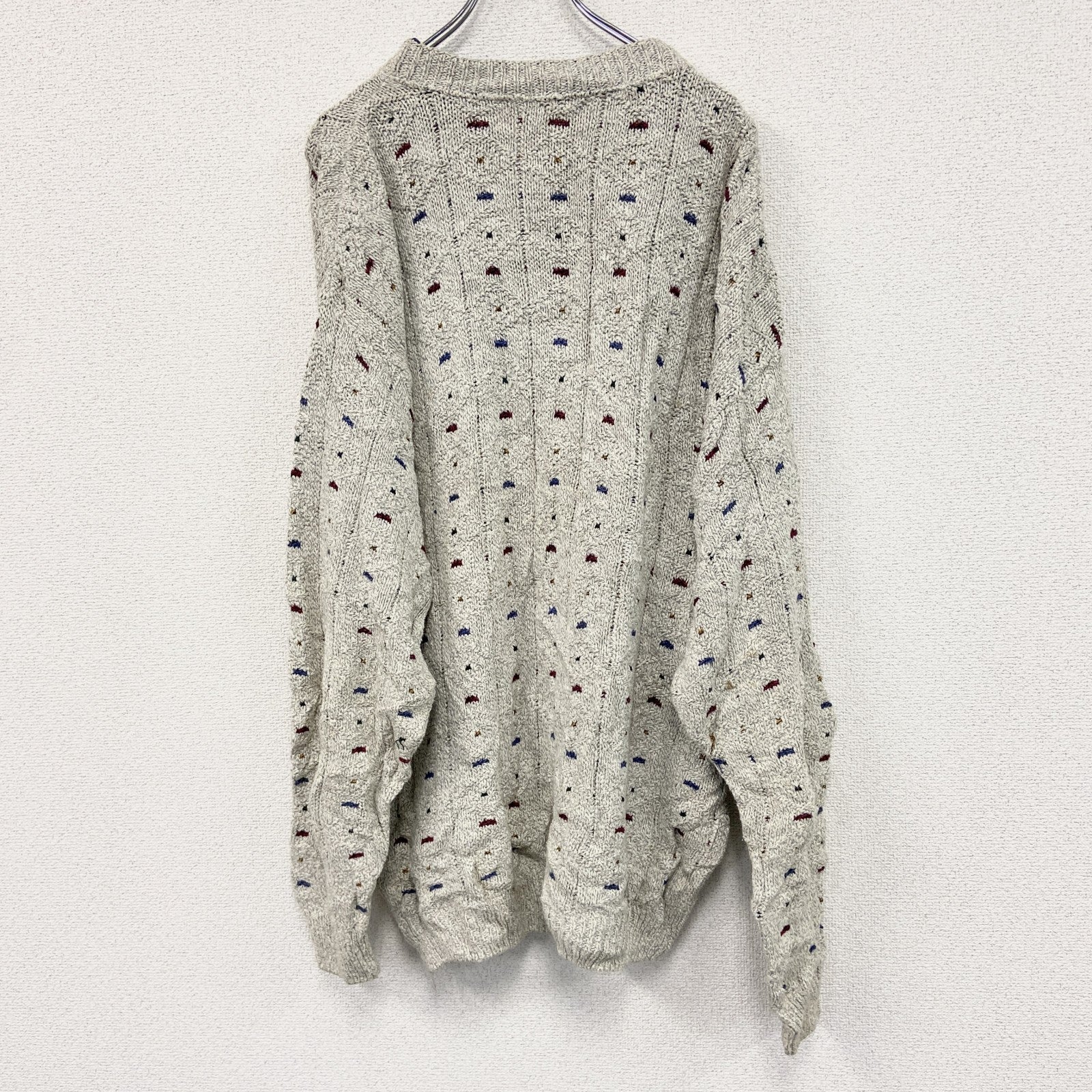 ～90s　VAN HEUSEN　コットンニットセーター　ヴィンテージ　総柄　グレー　灰色　XLサイズ　古着