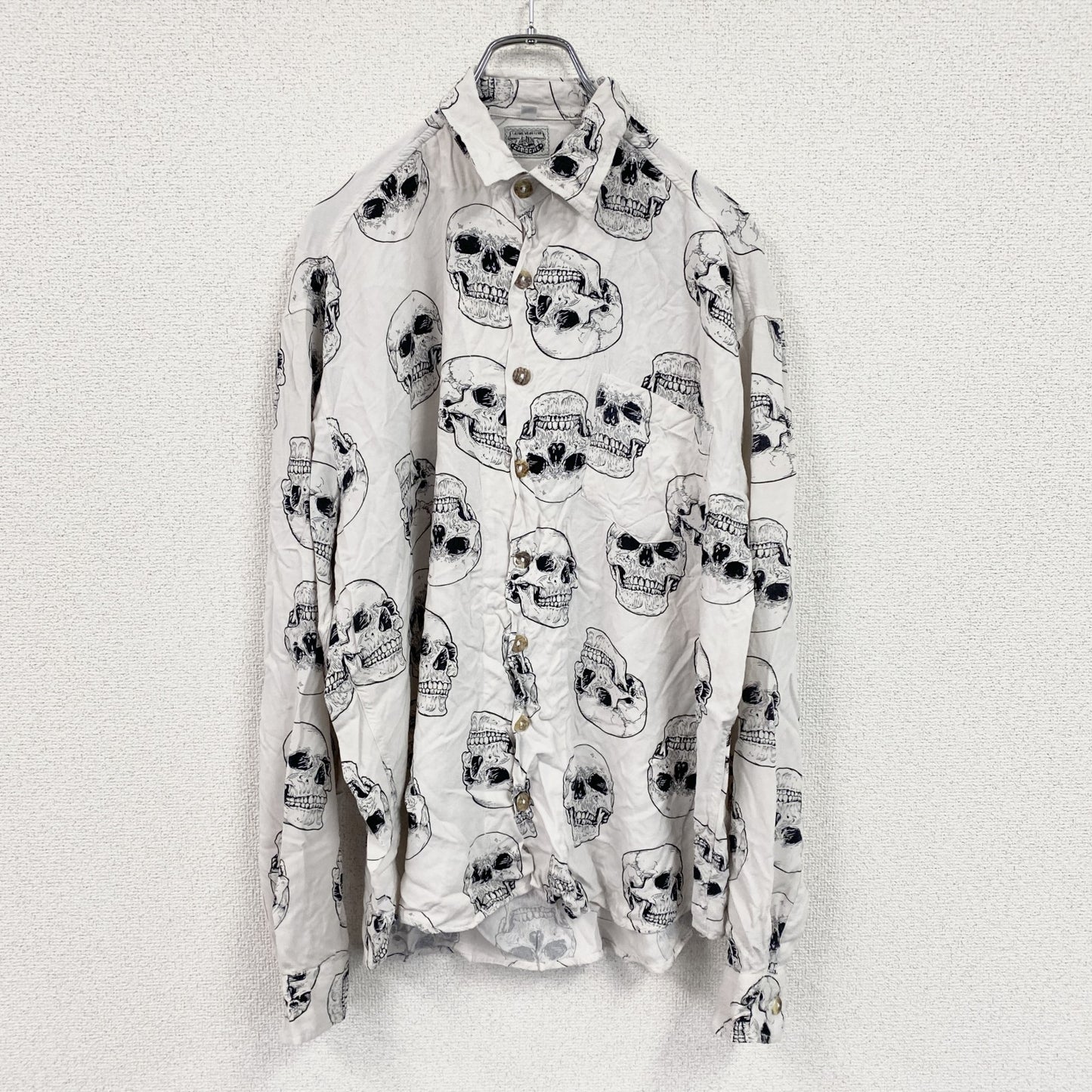 CARDCHE　長袖総柄デザインシャツ　ドクロ　スカル　白　ホワイト　Lサイズ