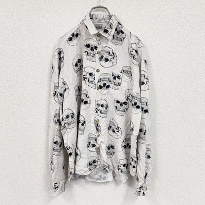 CARDCHE　長袖総柄デザインシャツ　ドクロ　スカル　白　ホワイト　Lサイズ
