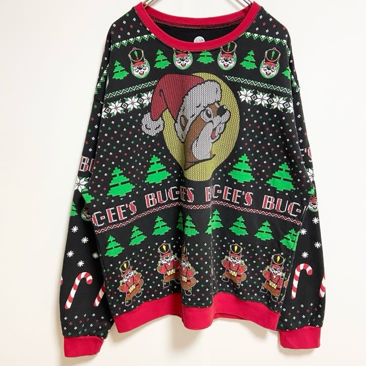 古着 used　BUC-EES　バッキーズ　長袖総柄キャラクタープリントスウェット　トレーナー　クリスマス　サンタ　黒　XLサイズ
