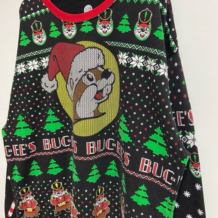 古着 used　BUC-EES　バッキーズ　長袖総柄キャラクタープリントスウェット　トレーナー　クリスマス　サンタ　黒　XLサイズ