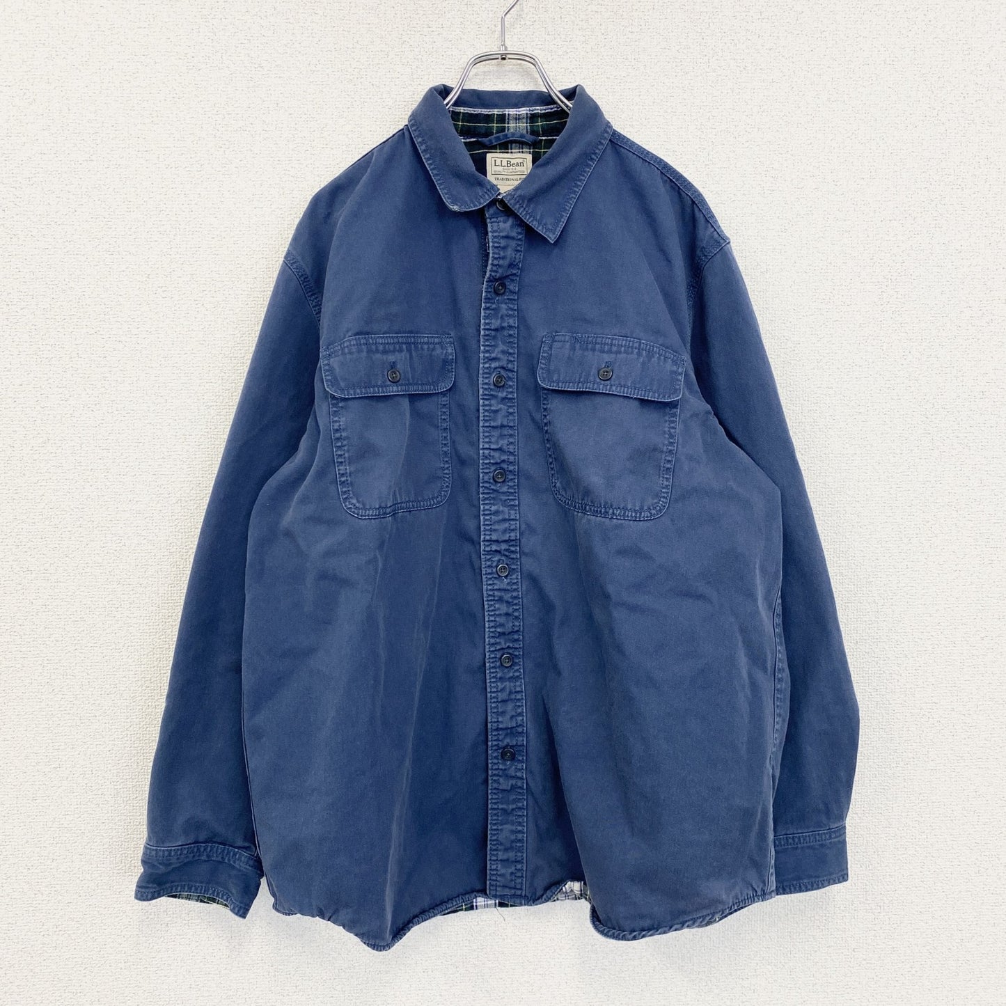 古着 used　L.L.Bean　エルエルビーン 　長袖ワークシャツジャケット　ネイビー　コットン　裏地チェック　Lサイズ