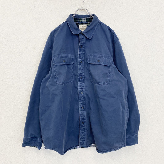 古着 used　L.L.Bean　エルエルビーン 　長袖ワークシャツジャケット　ネイビー　コットン　裏地チェック　Lサイズ
