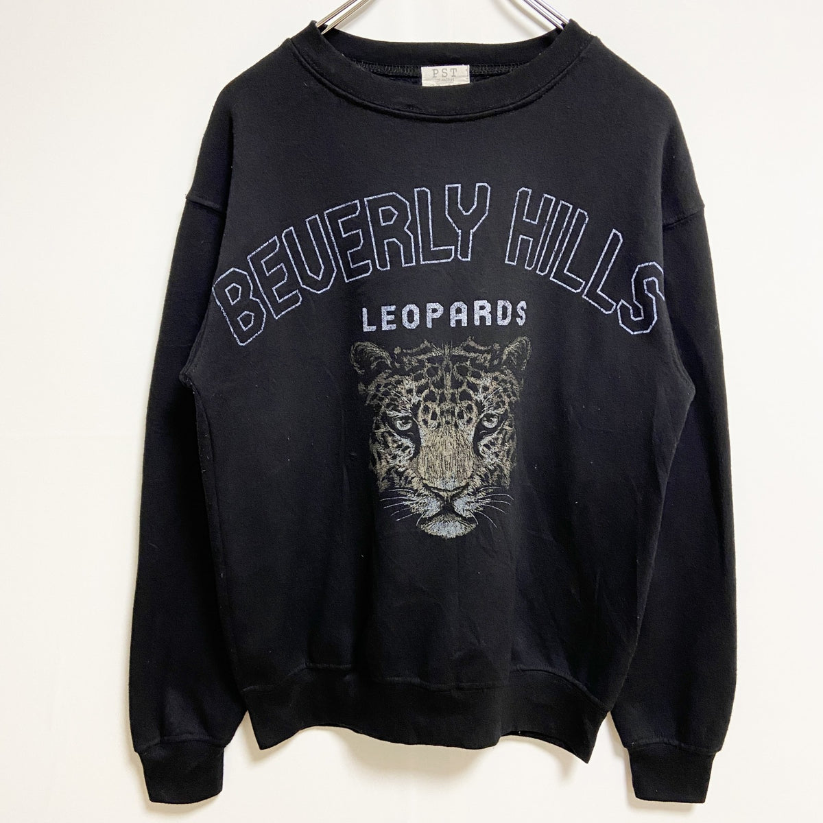 PST　長袖アニマル柄プリントスウェット　トレーナー　LEOPARD　ヒョウ　黒　ブラック　秋冬服　XSサイズ　古着