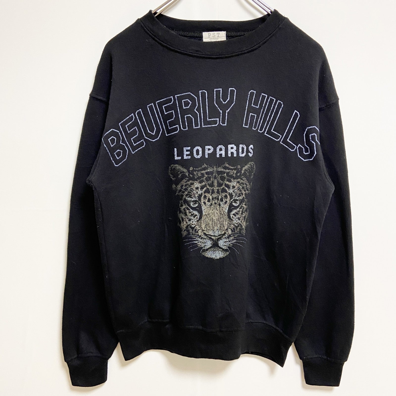 PST　長袖アニマル柄プリントスウェット　トレーナー　LEOPARD　ヒョウ　黒　ブラック　秋冬服　XSサイズ　古着