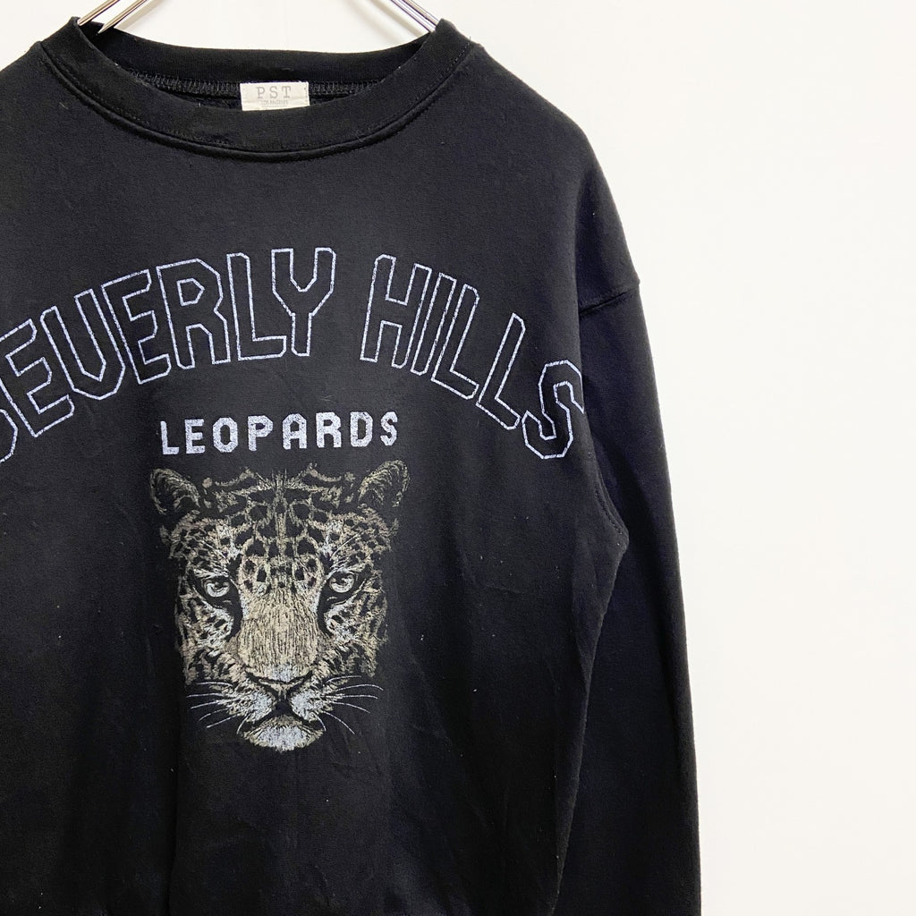 PST　長袖アニマル柄プリントスウェット　トレーナー　LEOPARD　ヒョウ　黒　ブラック　秋冬服　XSサイズ　古着
