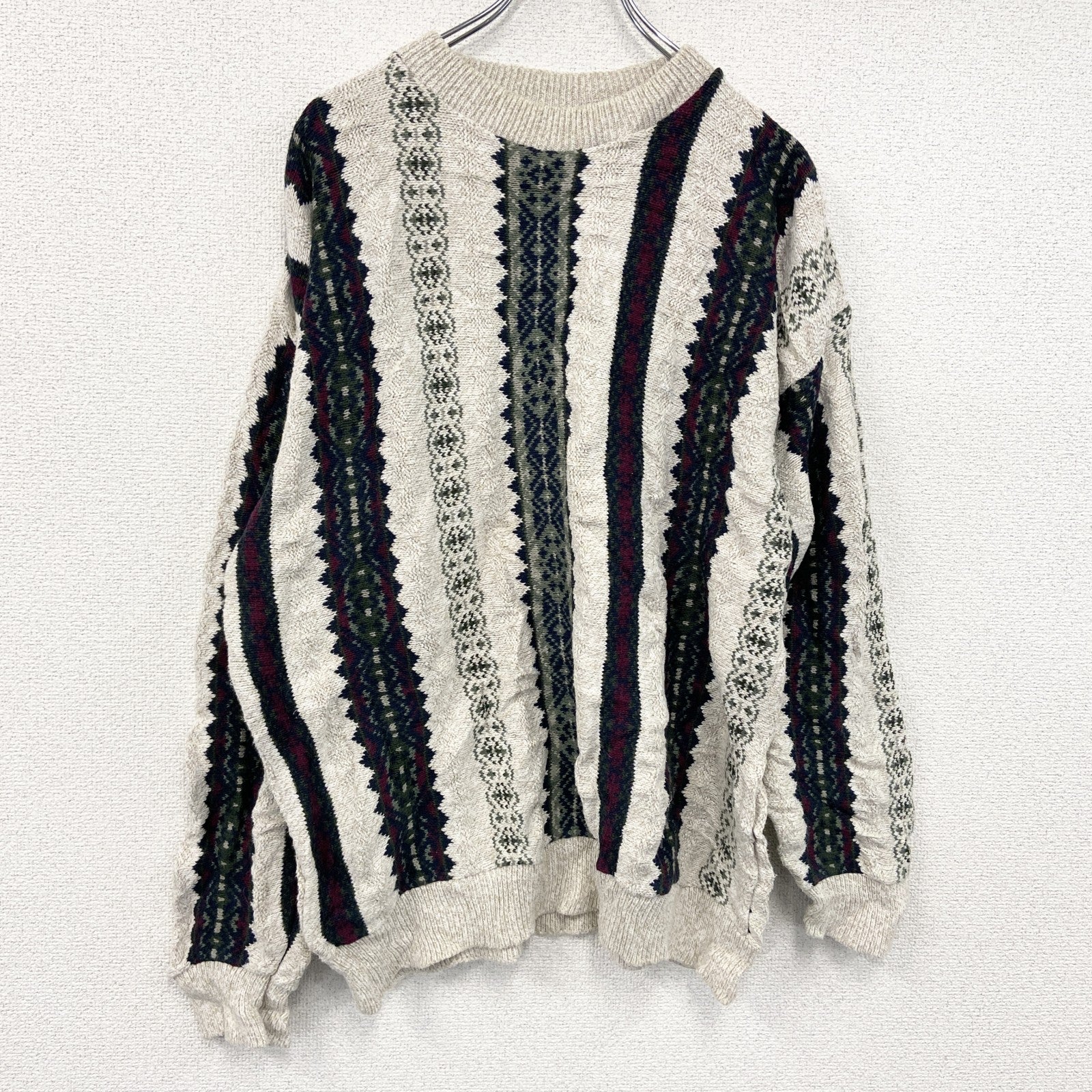 ～90s　Susquehanna Trail Outfitters　コットンニットセーター　総柄　クルーネック　アイボリー　Lサイズ　　ヴィンテージ　古着