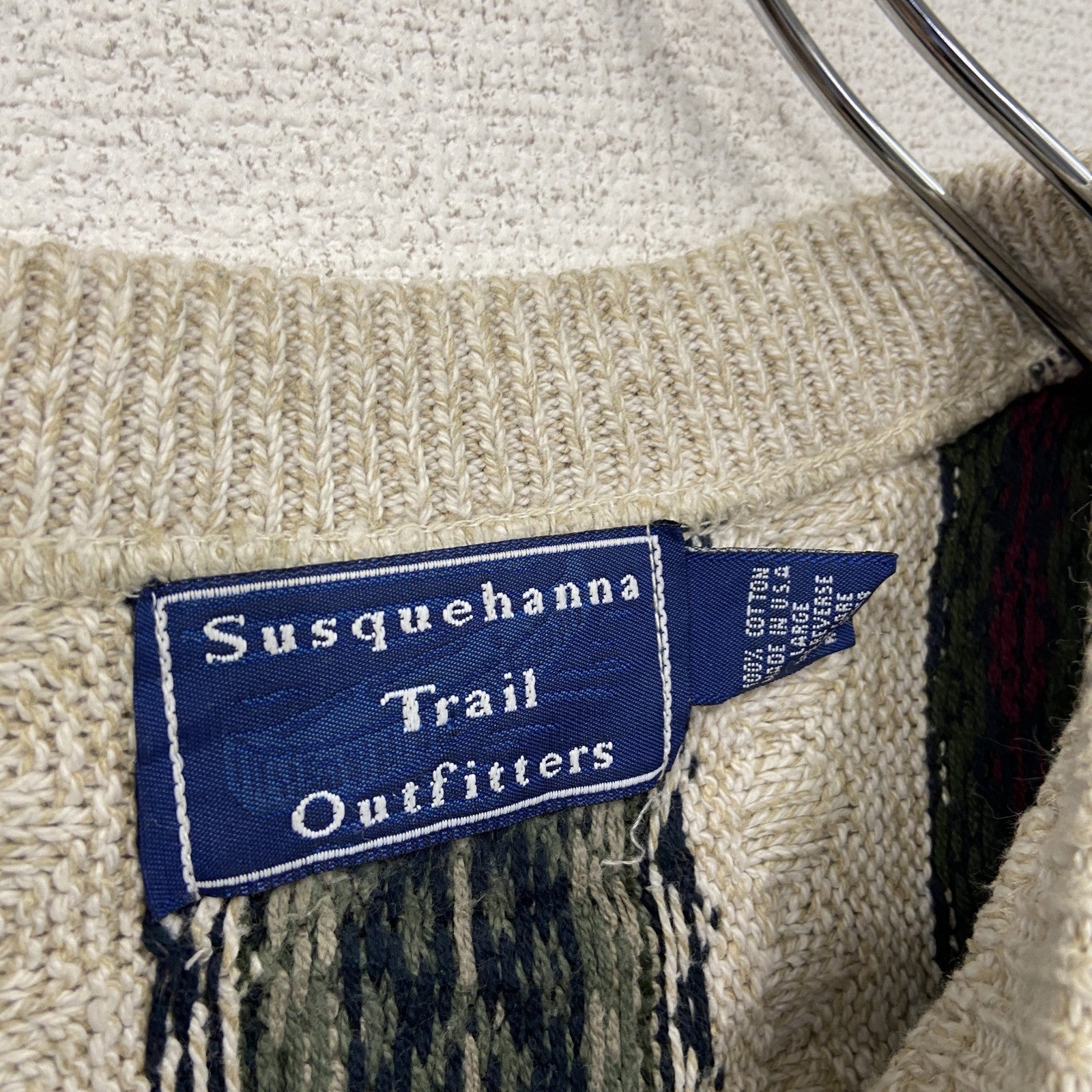 ～90s　Susquehanna Trail Outfitters　コットンニットセーター　総柄　クルーネック　アイボリー　Lサイズ　　ヴィンテージ　古着