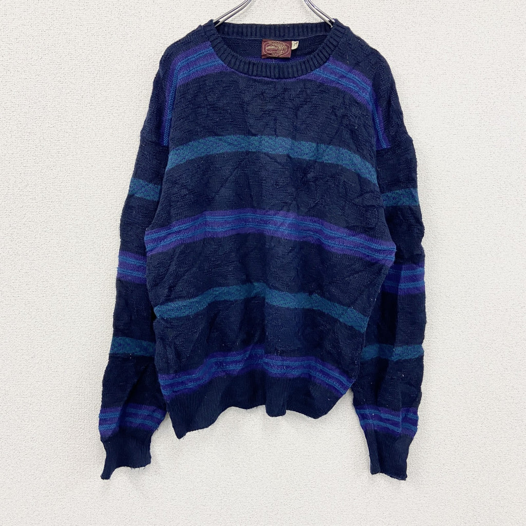 ～90s　WOODS RUN　ニットセーター　ボーダー柄　クルーネック　ヴィンテージ　総柄　紺　ネイビー　XLサイズ　古着