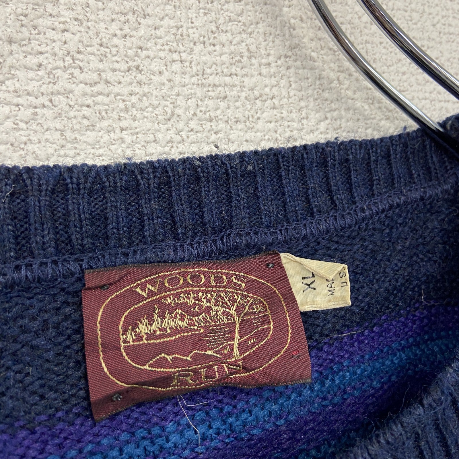 ～90s　WOODS RUN　ニットセーター　ボーダー柄　クルーネック　ヴィンテージ　総柄　紺　ネイビー　XLサイズ　古着