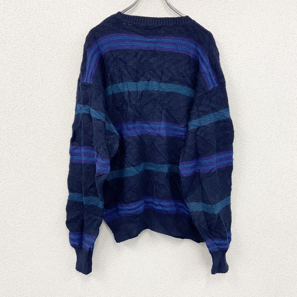 ～90s　WOODS RUN　ニットセーター　ボーダー柄　クルーネック　ヴィンテージ　総柄　紺　ネイビー　XLサイズ　古着