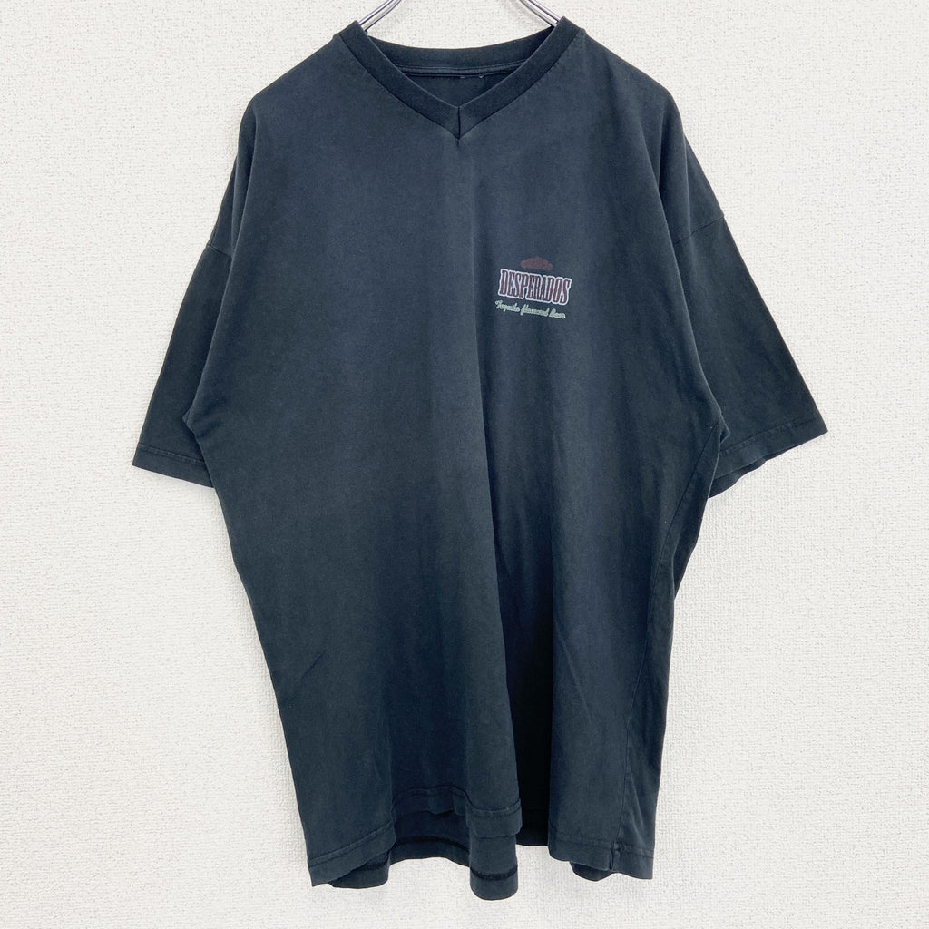 半袖プリントTシャツ　Vネック　バックプリント　レトロデザイン　DESPERADOS　黒　ブラック　　古着