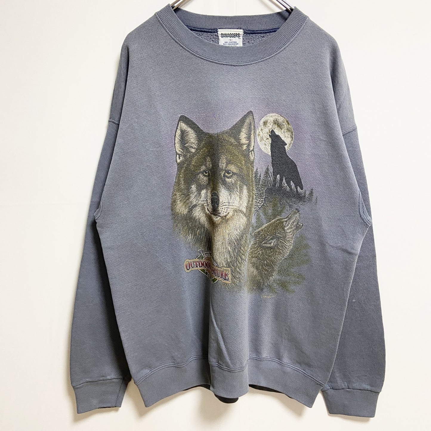 古着 used　～90s　USA製　DANAGGERS　長袖アニマル柄プリントスウェット　トレーナー　狼　ヴィンテージ　Lサイズ