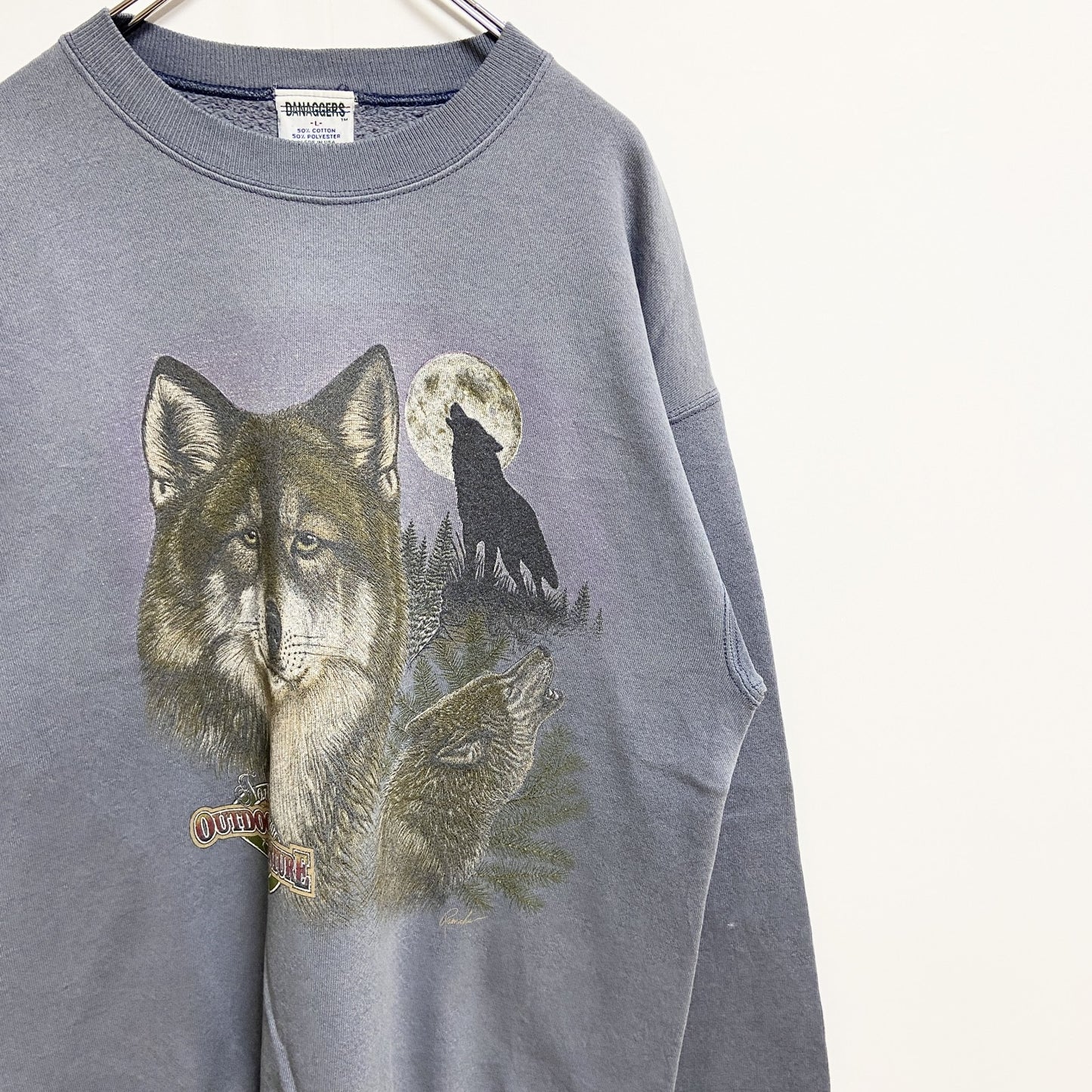 古着 used　～90s　USA製　DANAGGERS　長袖アニマル柄プリントスウェット　トレーナー　狼　ヴィンテージ　Lサイズ