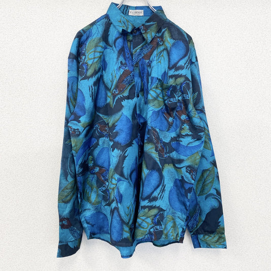 古着 used　T.CORNER　長袖プリント総柄シャツ　レトロデザイン　幾何学模様　タイシルク　インコ　鳥　青　ブルー　