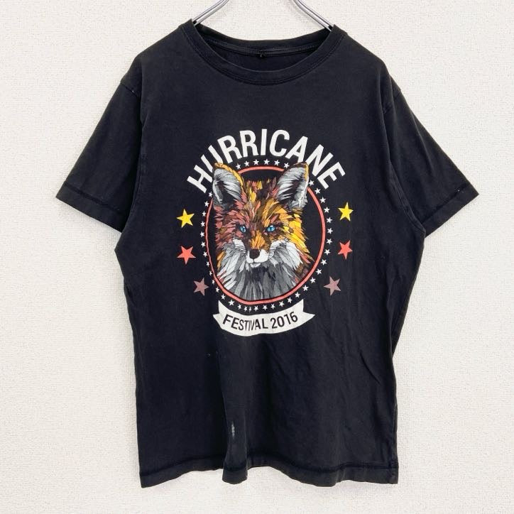 半袖アニマルプリントTシャツ　狐　キツネ　バックプリント　レトロデザイン　クルーネック　黒　ブラック　Lサイズ　古着