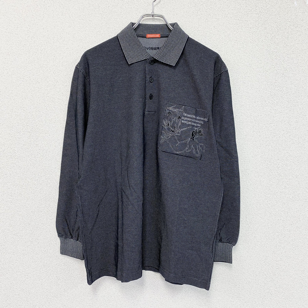 GREENCLUBS　グリーンクラブ　トムとジェリー　長袖ポロシャツ　チェック柄　刺繍ロゴ　黒　ブラック　4サイズ　古着