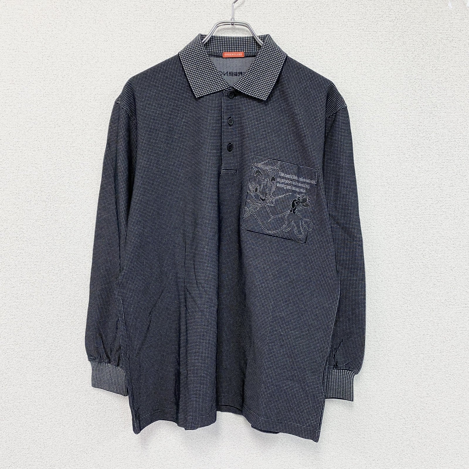 GREENCLUBS　グリーンクラブ　トムとジェリー　長袖ポロシャツ　チェック柄　刺繍ロゴ　黒　ブラック　4サイズ　古着
