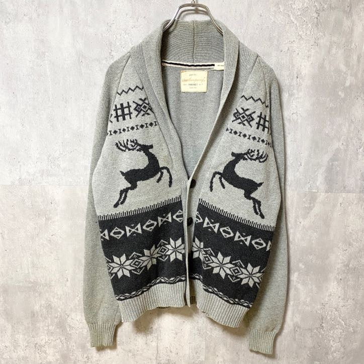ウェザープルーフ　長袖ニットカーディガン　セーター　カウチン　グレー　灰色　秋冬服　トナカイ　鹿　冬　Sサイズ　古着