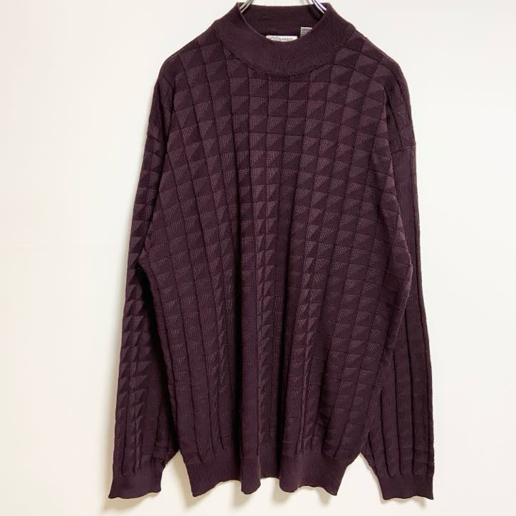 ～90s　Alexxus　長袖ブロック編み薄手ニット　セーター　ヴィンテージ　ノームコア　ワインレッド　XLサイズ　古着