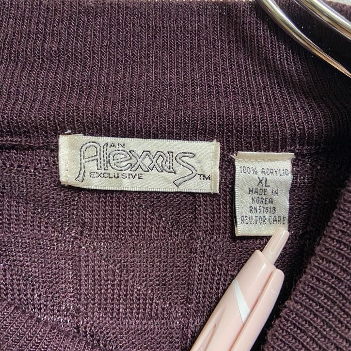 ～90s　Alexxus　長袖ブロック編み薄手ニット　セーター　ヴィンテージ　ノームコア　ワインレッド　XLサイズ　古着