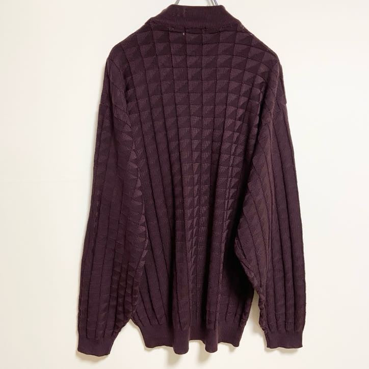 ～90s　Alexxus　長袖ブロック編み薄手ニット　セーター　ヴィンテージ　ノームコア　ワインレッド　XLサイズ　古着