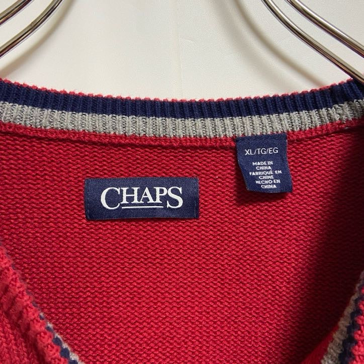 古着 used　CHAPS　チャップス　長袖クルーネックニット　セーター　ワンポイント刺繍　赤　ビッグシルエット　XLサイズ