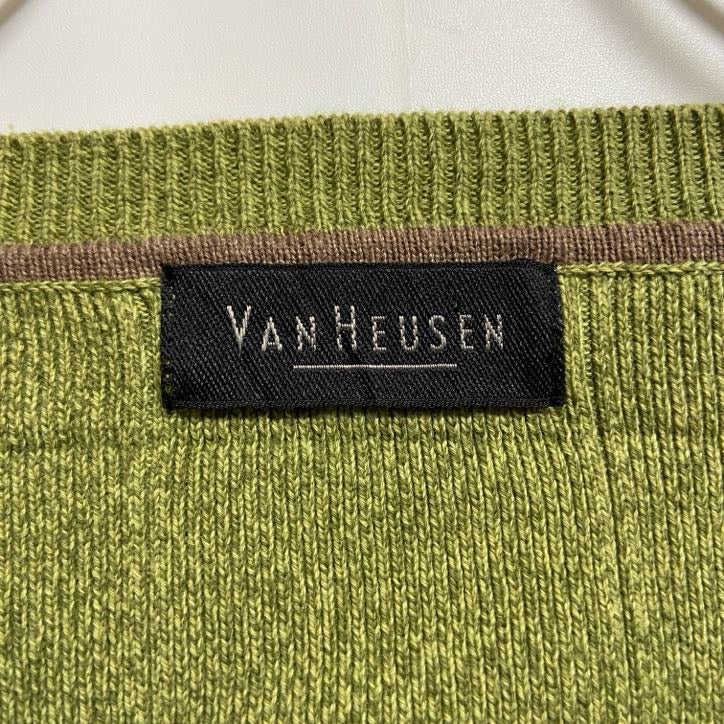 VAN HEUSEN　Vネック薄手ニット　セーター　ブロック柄　黄緑　ライトグリーン　レトロデザイン　XLサイズ　古着