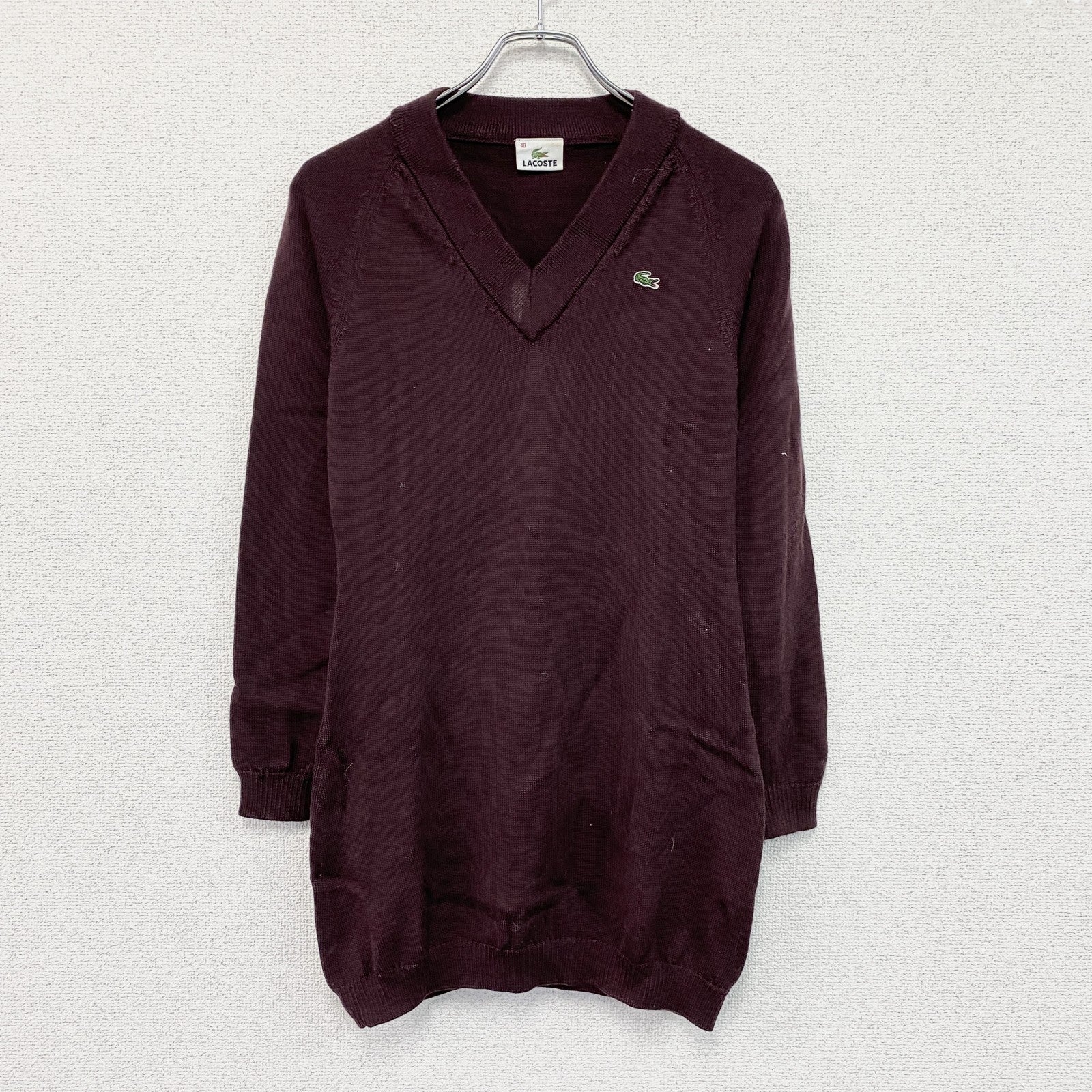LACOSTE　ラコステ　ウールニットセーター　Vネック　刺繍ロゴ　ラグランスリーブ　ボルドー　40サイズ　古着