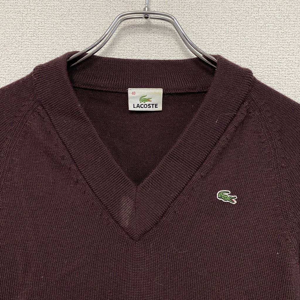 LACOSTE　ラコステ　ウールニットセーター　Vネック　刺繍ロゴ　ラグランスリーブ　ボルドー　40サイズ　古着